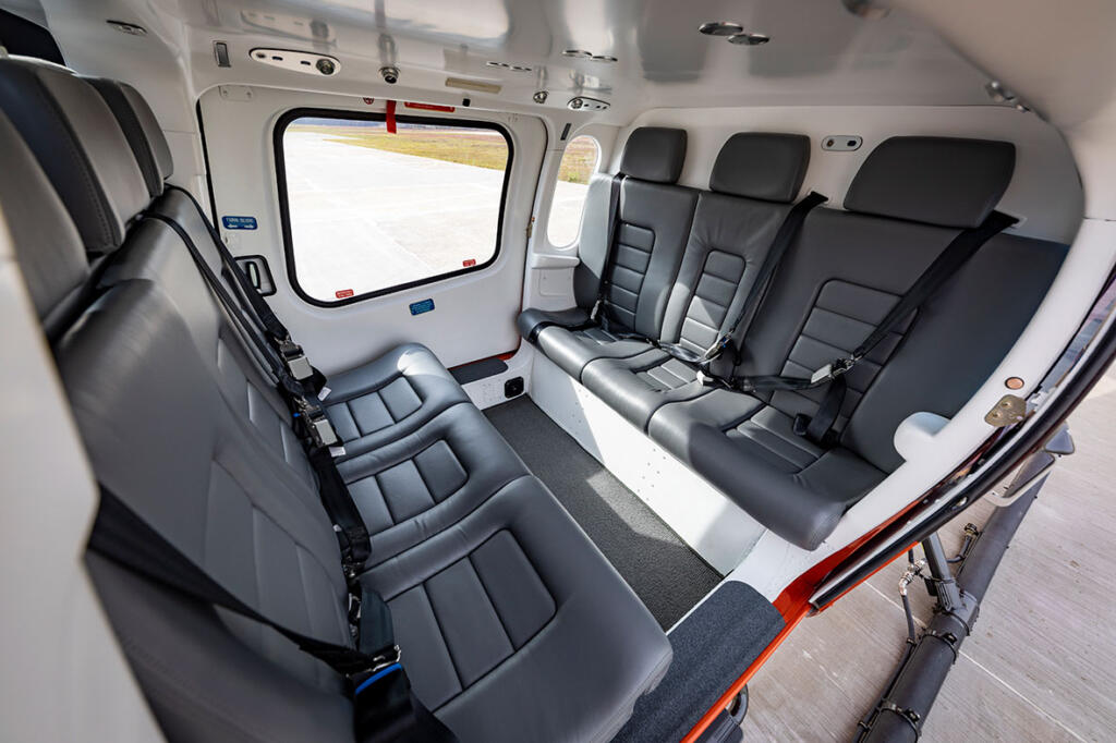 A view of the luxurious executive interior of the Agusta 119KX MKII, ready for passengers.