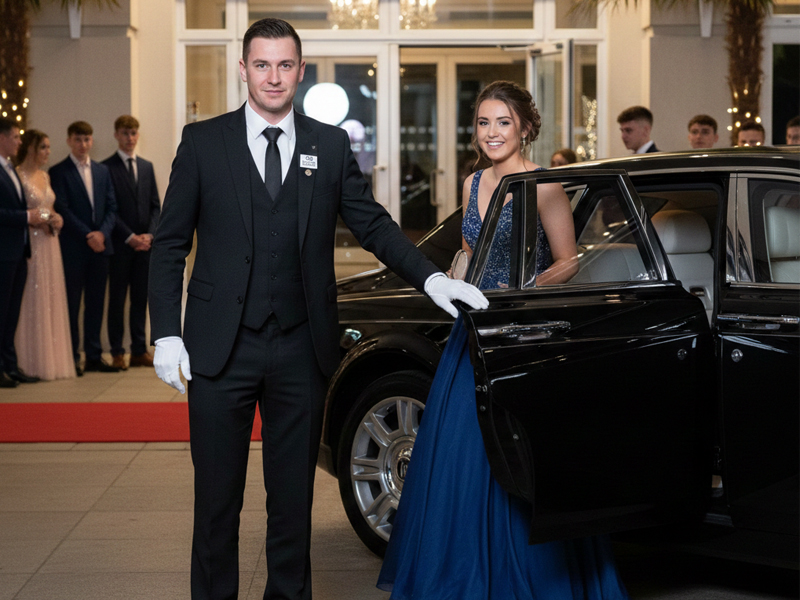 Professional DBS checked chauffeur opening car door for prom passenger
